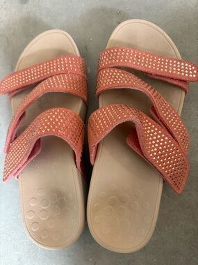 Vionic Coral Pink Three-Strap Slide Sandals with Rhinestones
